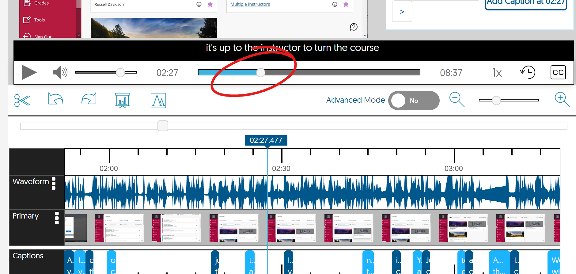 timeline and transport controls, playhead under media highlighted