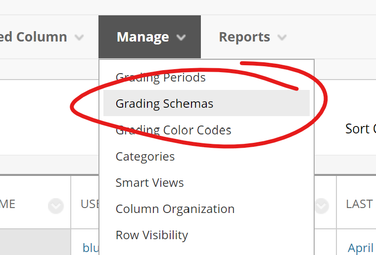 Manage menu opened, grading schemas highlighted